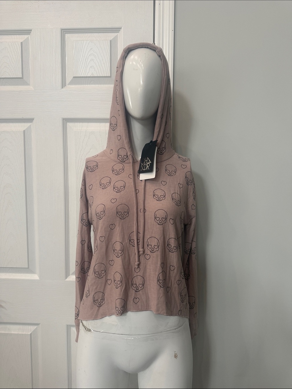 Skull Print Hooded Long-Sleeve Top - Dusty Rose